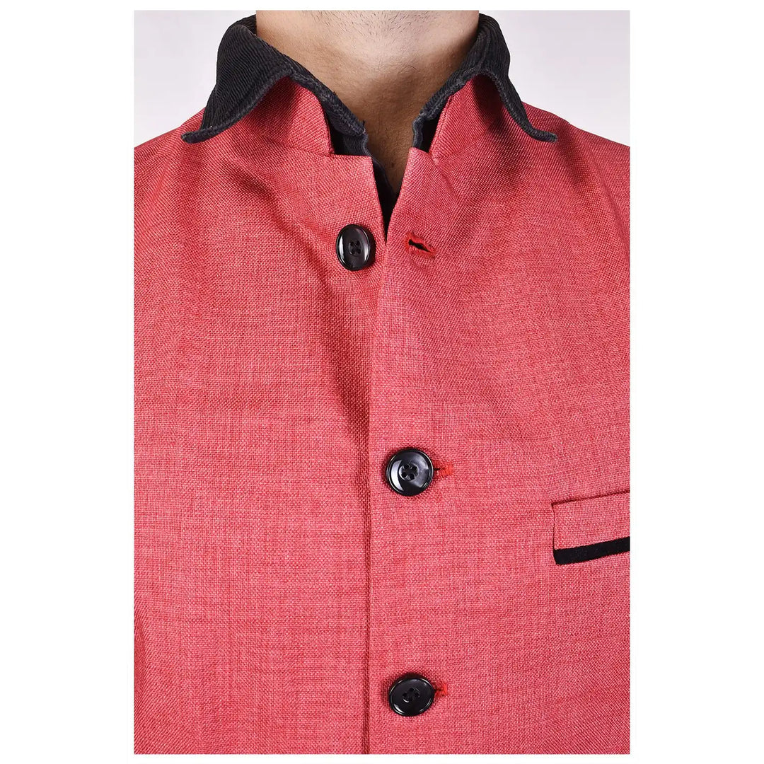 Designer Chinese Collar Nehru Jacket | Coral Pink Men's Fashion