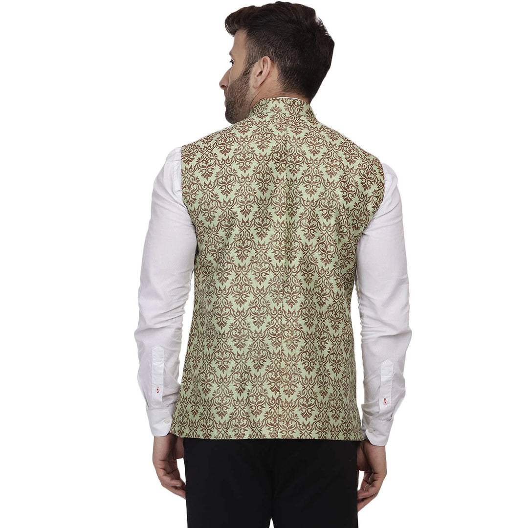 Elegant Pista Green Nehru Jacket | Jacquard Printed Art Silk