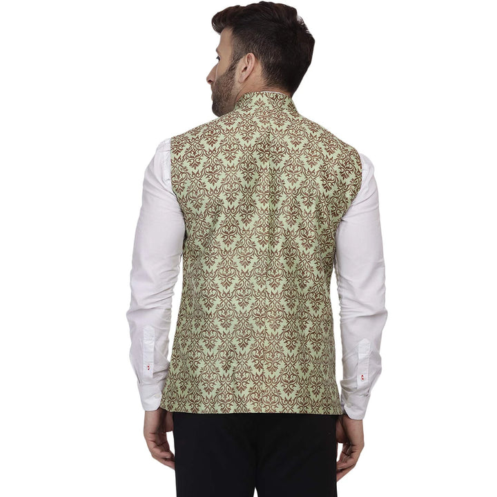 Elegant Pista Green Nehru Jacket | Jacquard Printed Art Silk