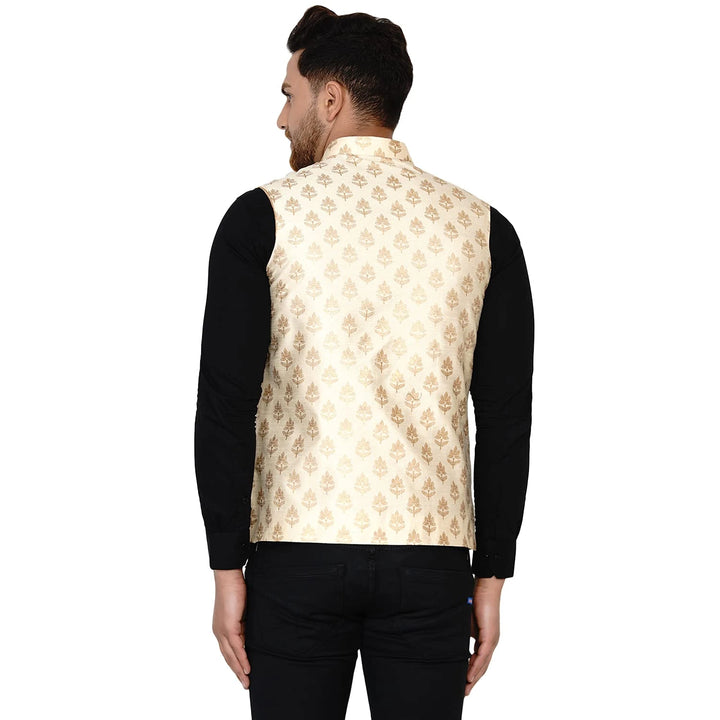 Graceful Charm in Cream Nehru Jacket | Banarasi Art Silk Edition