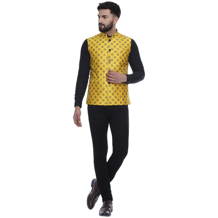 Bright Yellow Silk Nehru Jacket | Jacquard Print for Festive Style
