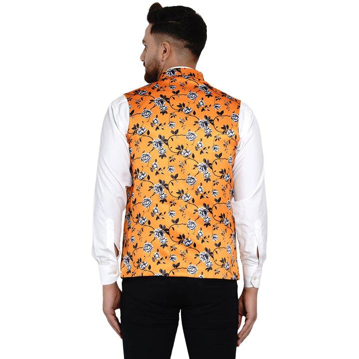 Trendy Satin Nehru Jacket | Yellow  Silk Blend with Print Design