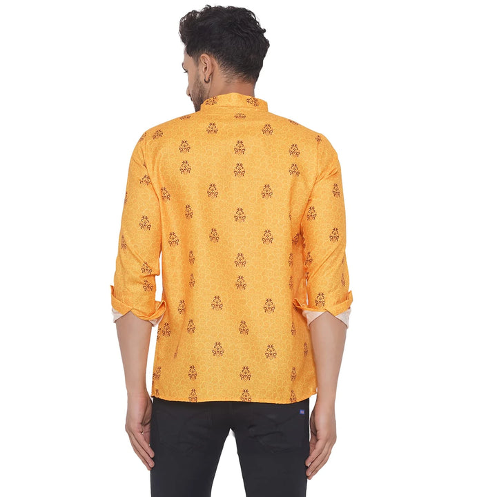 Vibrant Yellow Cotton Kurta for Men | Printed Ethnic Short Wear