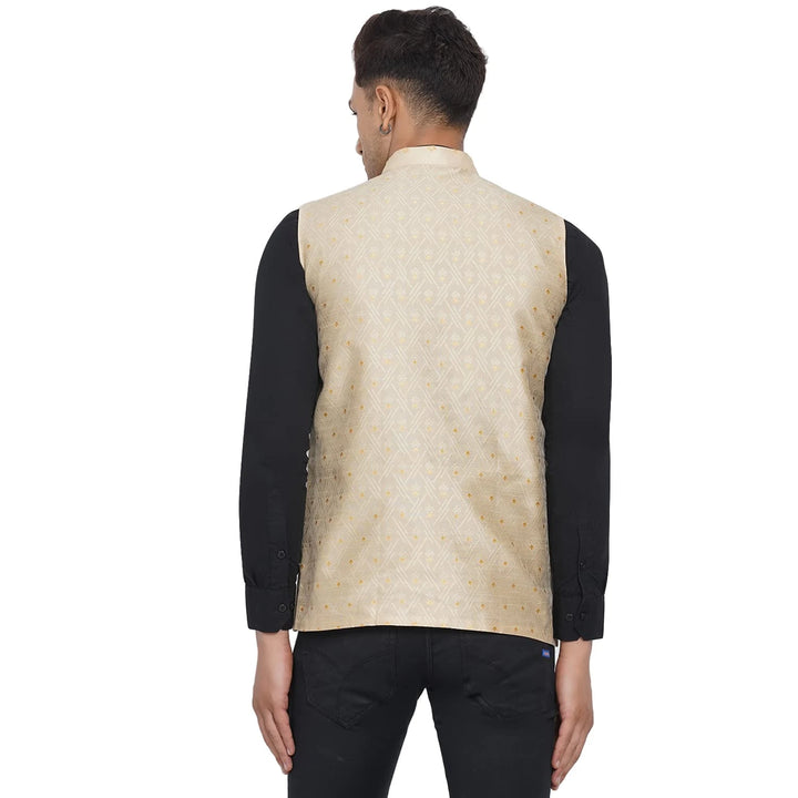 Beige Jacquard Nehru Jacket for Men | Designer Wedding Wear