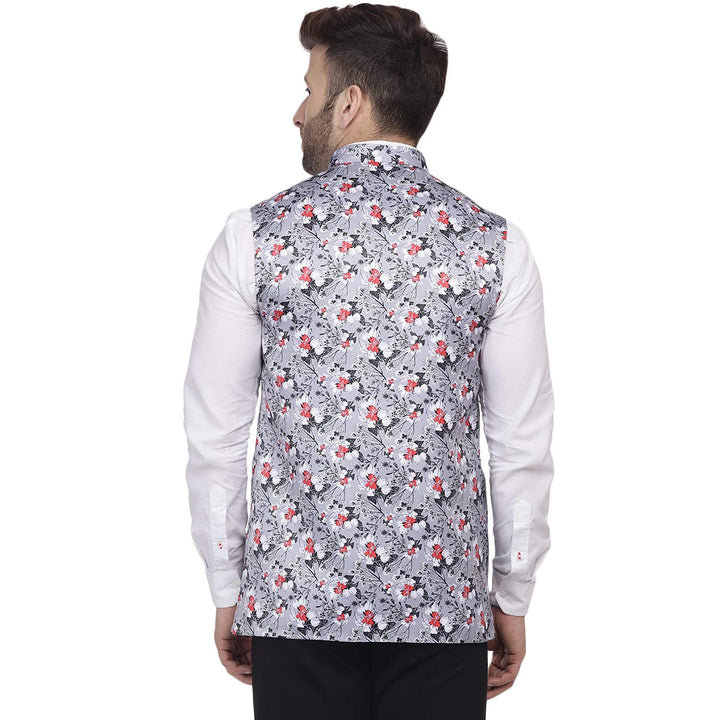 Statement Ethnic Jacket | Gray Silk Blend Printed Nehru Style