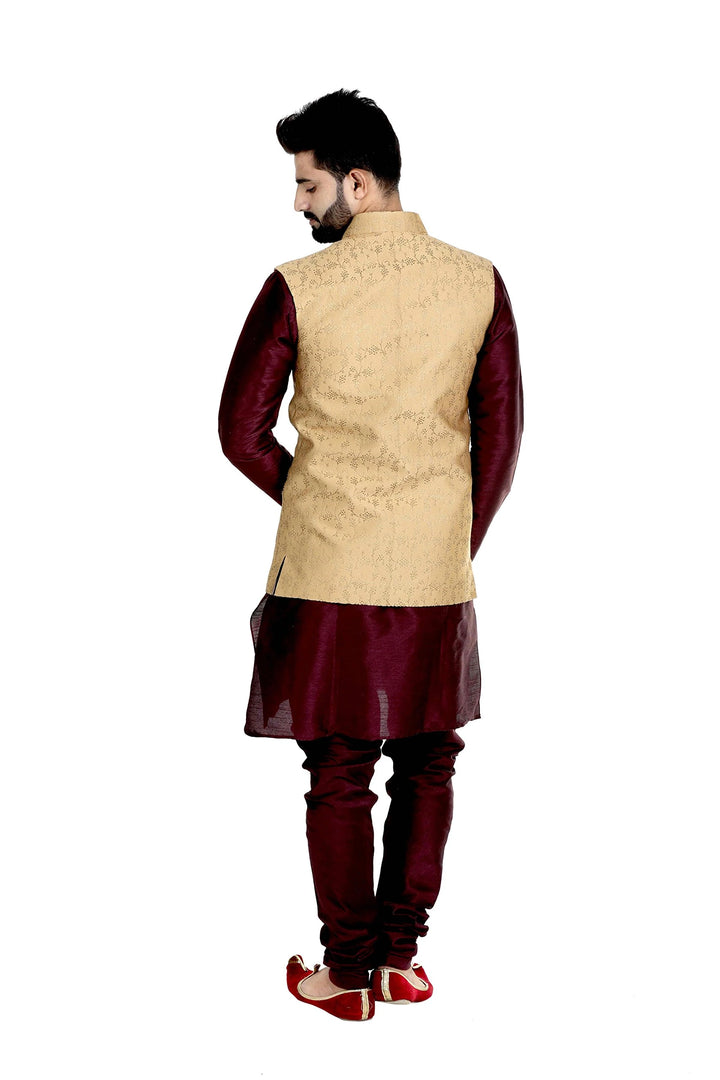 Ethnic Banarasi Nehru Jacket | Chiku Color Silk Blend Fashion