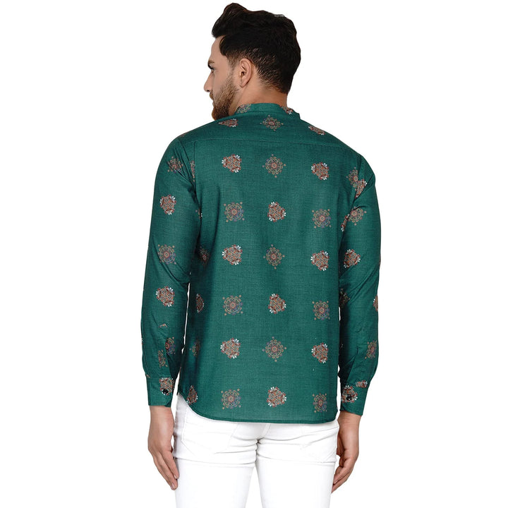 Trendy Printed Cotton Kurta for Men | Teal Green Short Festive Wear