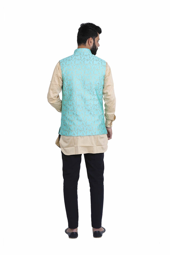 Regal Sky-Blue Nehru Jacket | Printed Silk for Royal Vibes