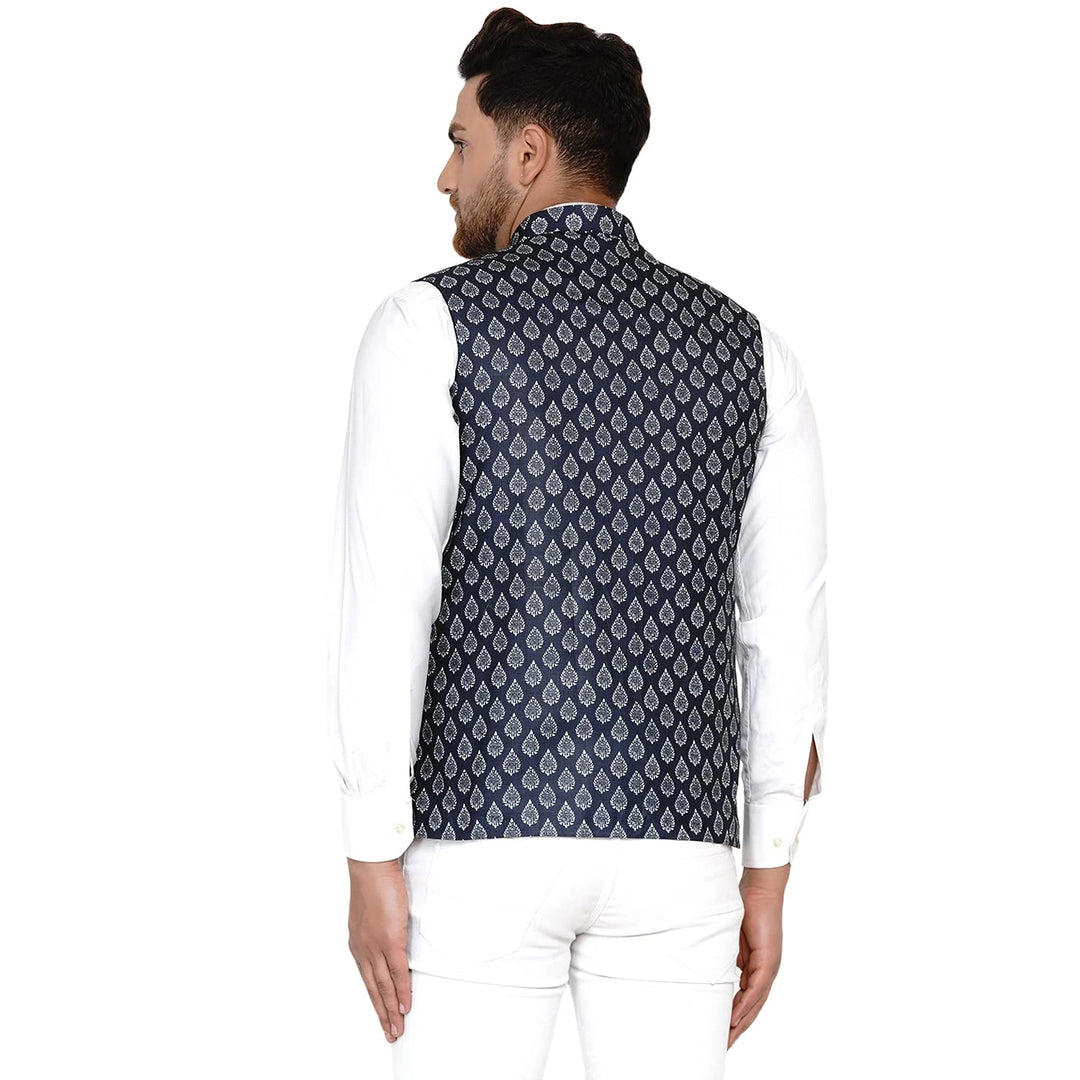 Navy Blue Cotton Nehru Jacket for Men | Printed Festive Ethnic Wear