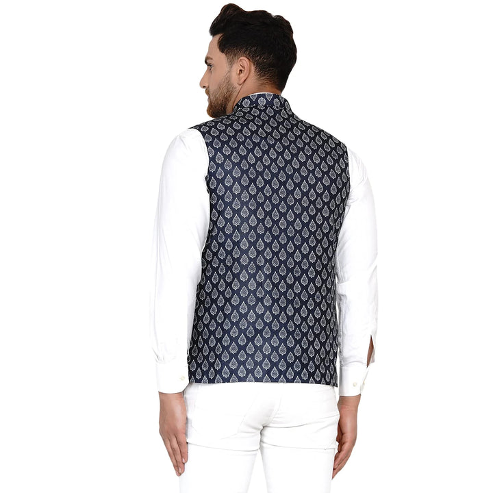 Navy Blue Cotton Nehru Jacket for Men | Printed Festive Ethnic Wear