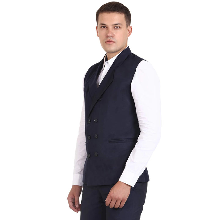 Navy Blue Designer Collar Waistcoat | Poly Cotton for Men