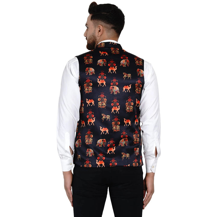 Black Satin Nehru Jacket | Elegant Elephant Print Design