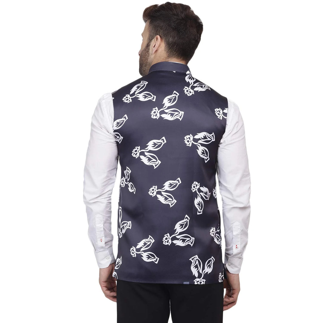 Majestic Navy Print Jacket | Ethnic Nehru Fit in Silk Blend Shine