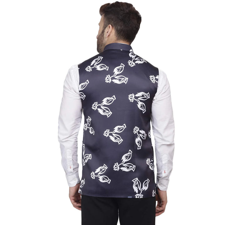 Majestic Navy Print Jacket | Ethnic Nehru Fit in Silk Blend Shine