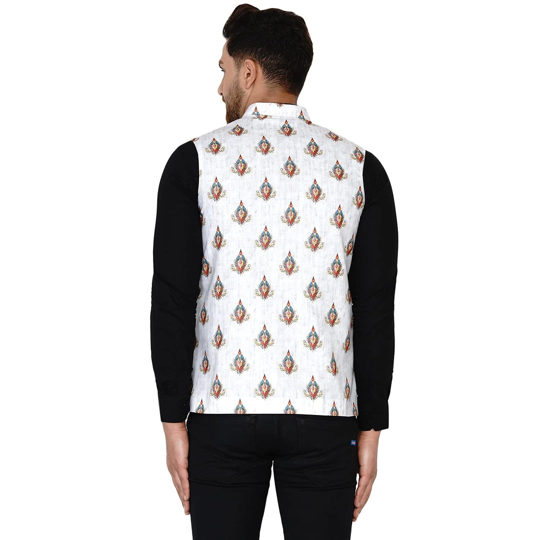 White Cotton Printed Nehru Jacket for Men | Elegant Festive Wear