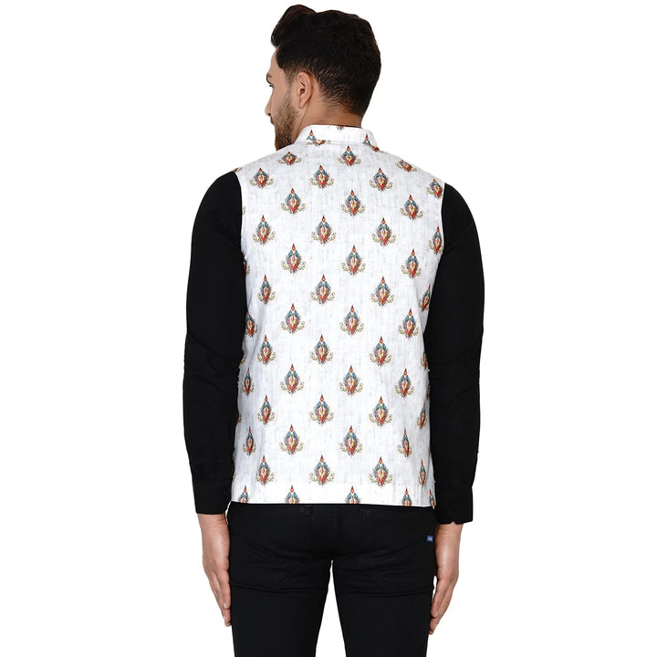 White Cotton Printed Nehru Jacket for Men | Elegant Festive Wear