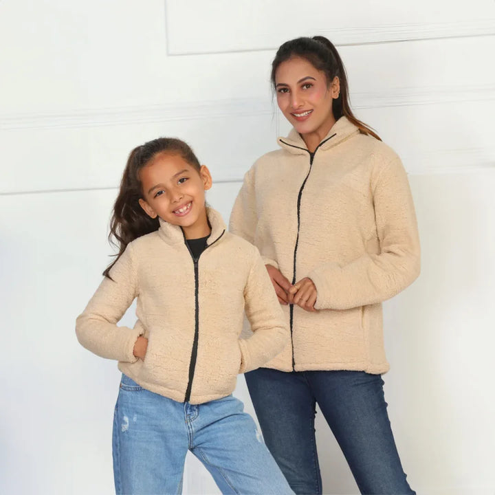 Mom and Daughter Winter Fashion: Cream Fleece Jacket Duo