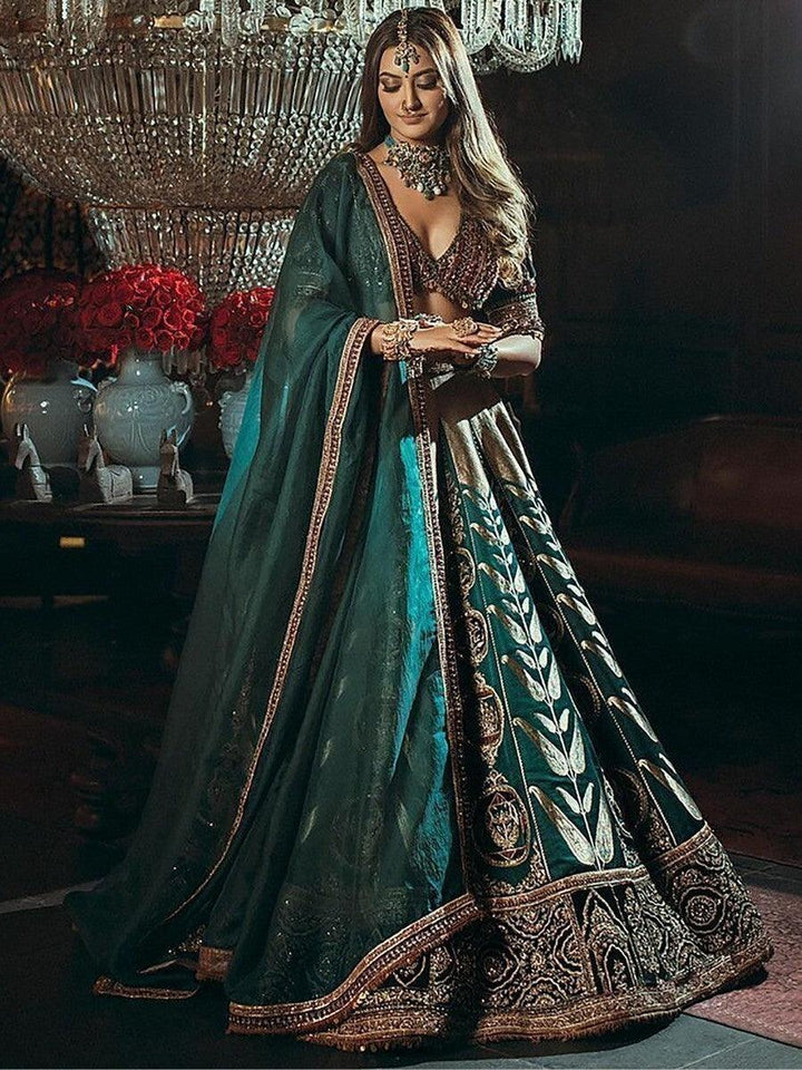 Enchanting Teal Green Thread Work | Silk Engagement Wear Lehenga Choli Luxury Wear