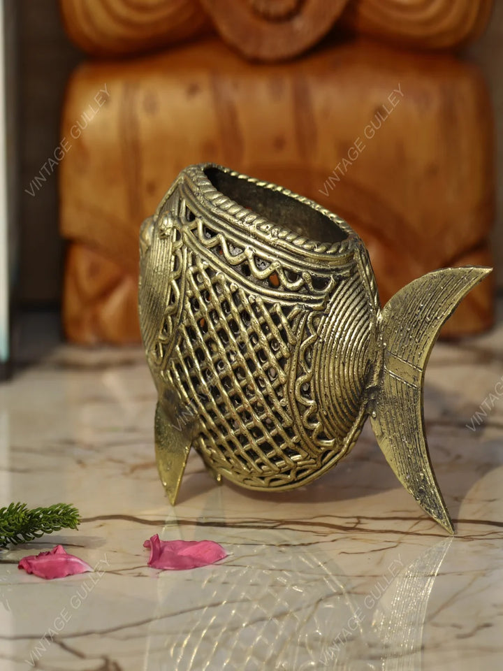 Handcrafted Dhokra Art Brass Pen Stand | Unique Desk Organizer