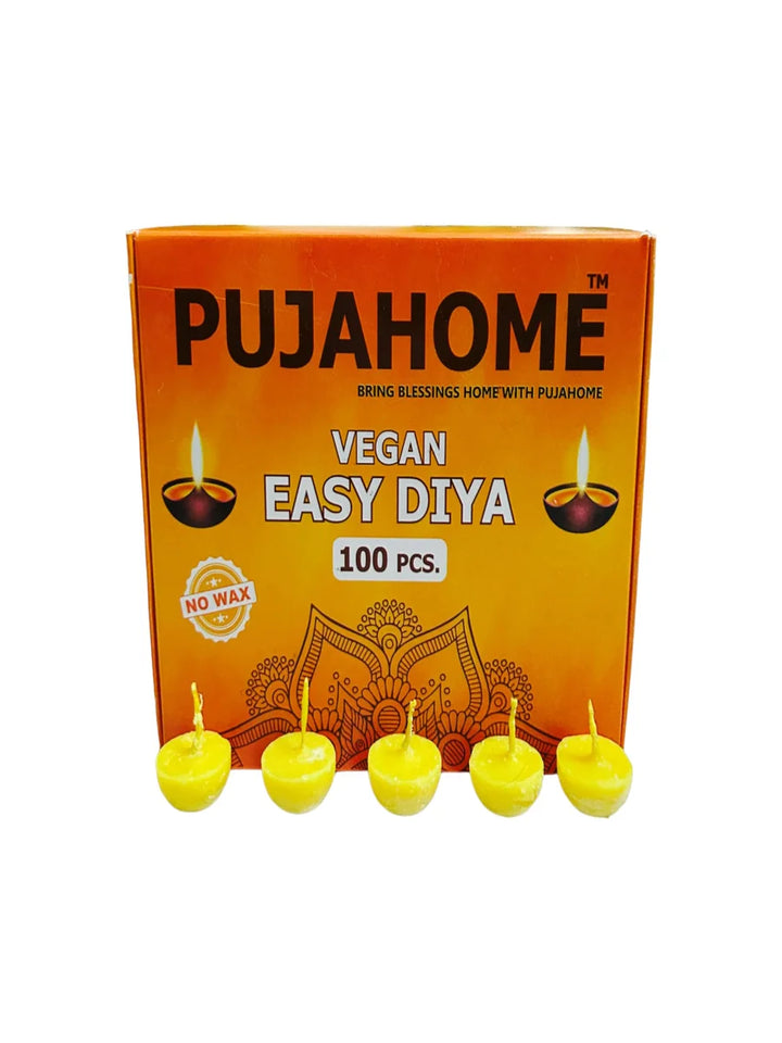 Ghee Diya Wicks (100 Pieces - Yellow) 30min Burning Time, Wax Free Vegan Easy Diya