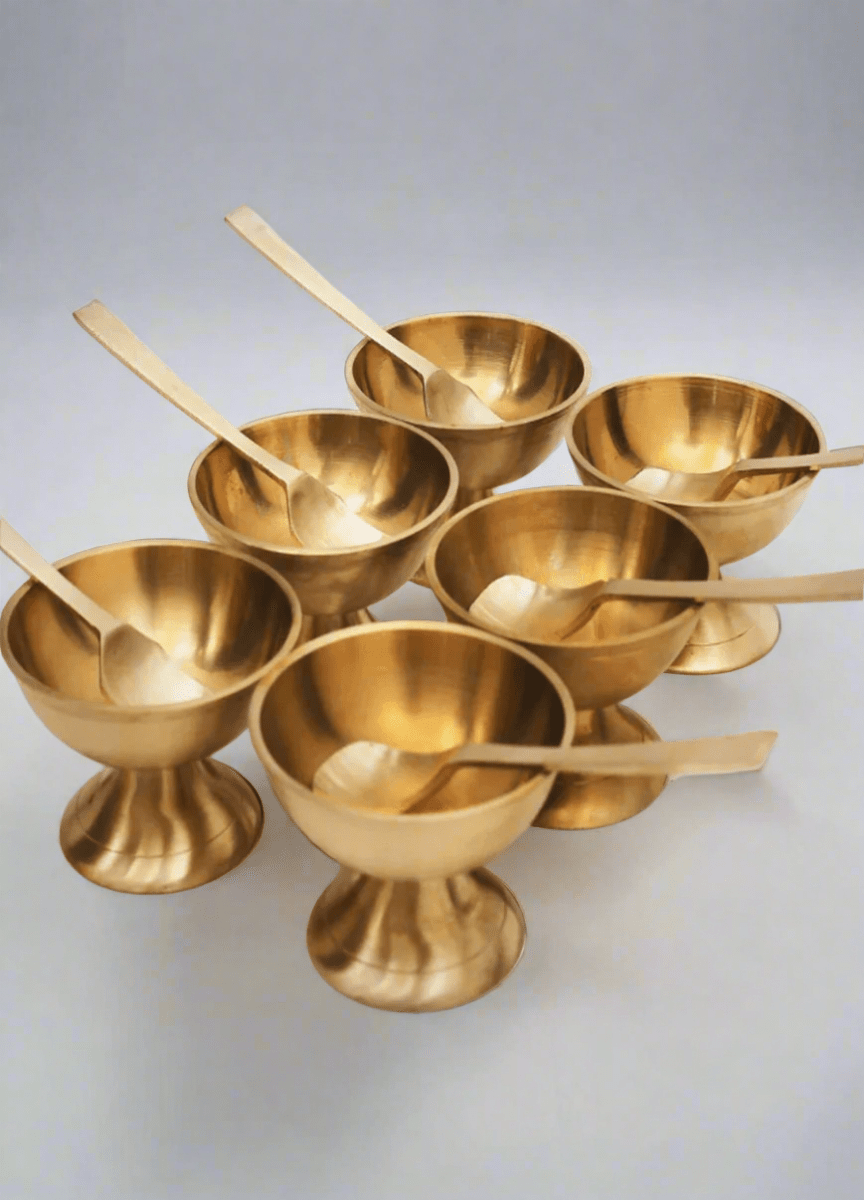 Kansa Ice Cream Cup with Spoon | Handcrafted Bronze Set of 6 - Kansa Ice Cream Cup with Spoon | Set of 6