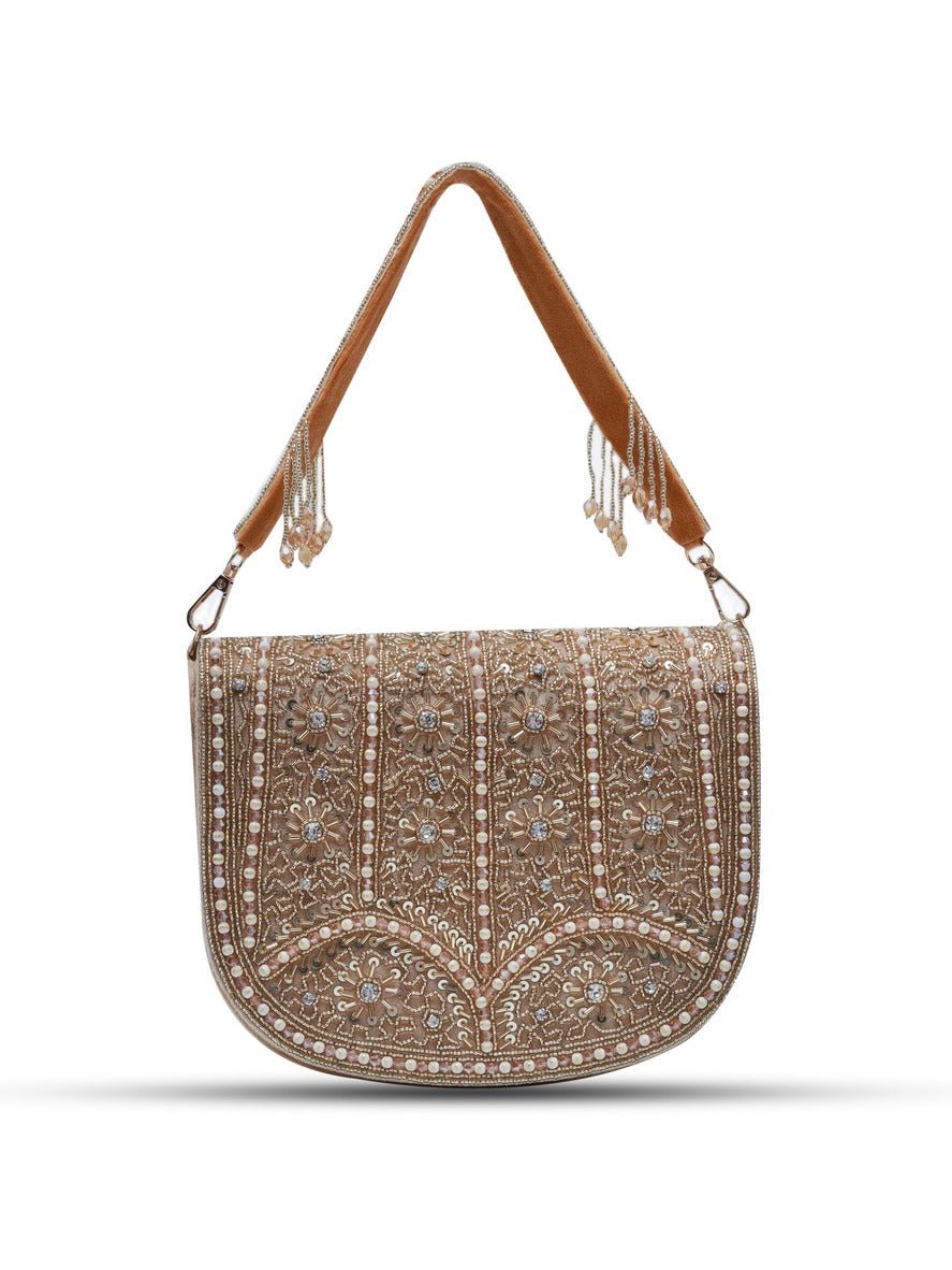 Kavya Beige FlapOver Potli Bag with Handle | Chic Handcrafted Statement Accessory - Kavya_Beige