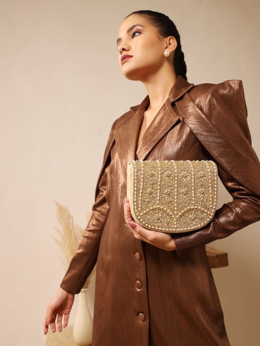 Kavya Beige FlapOver Potli Bag with Handle | Chic Handcrafted Statement Accessory - Kavya_Beige