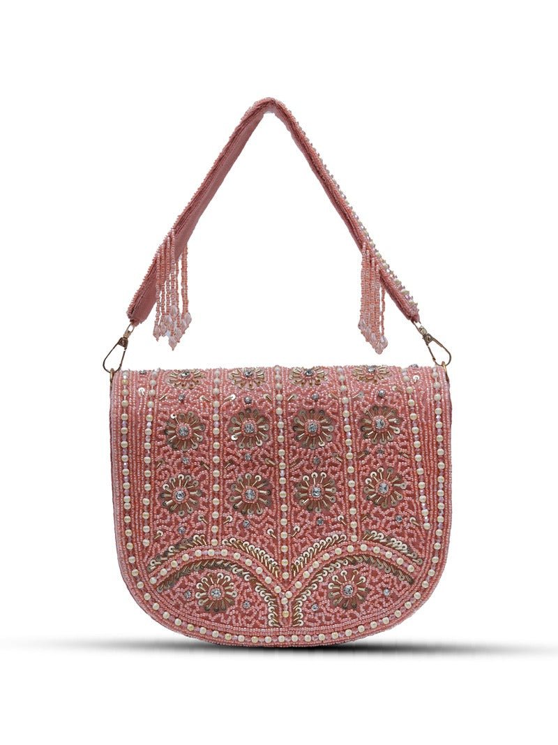 Kavya FlapOver Potli Bag with Handle | Handcrafted Elegant Accessory - Kavya_Pink