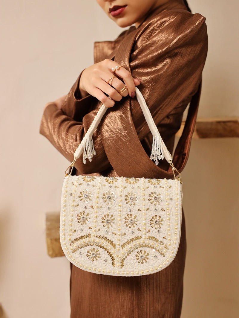 Kavya FlapOver Potli Bag with Handle | Handcrafted Elegant Statement Piece - Kavya_White