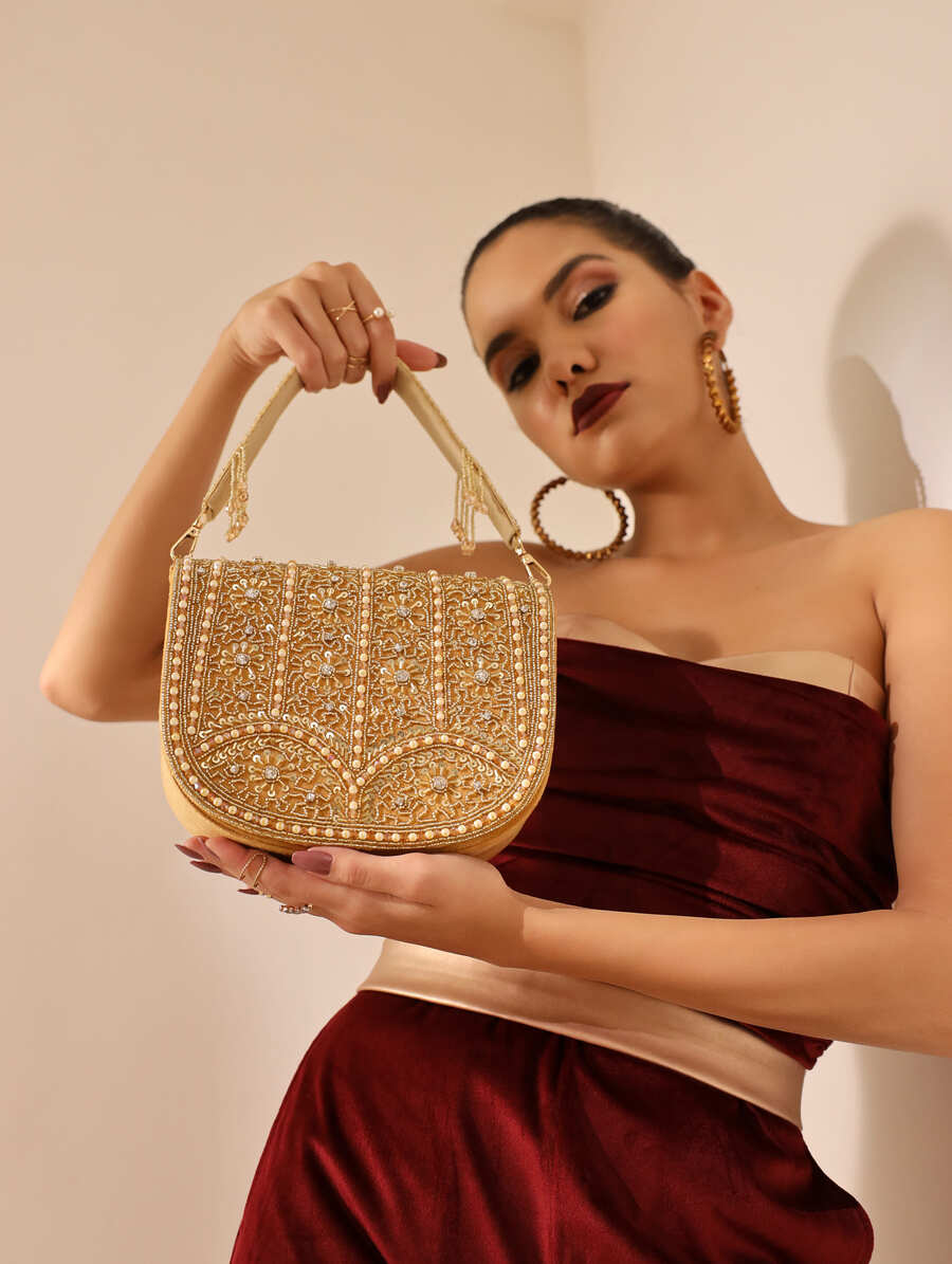 Kavya Gold FlapOver Potli Bag with Handle | Elegant Handcrafted Statement Piece - Kavya_Gold