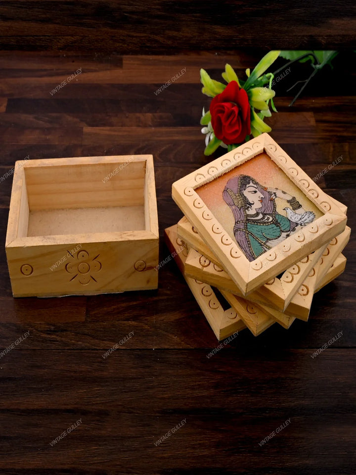 Square Wooden Tea Coasters | Handcrafted Gemstone Painting for Decor