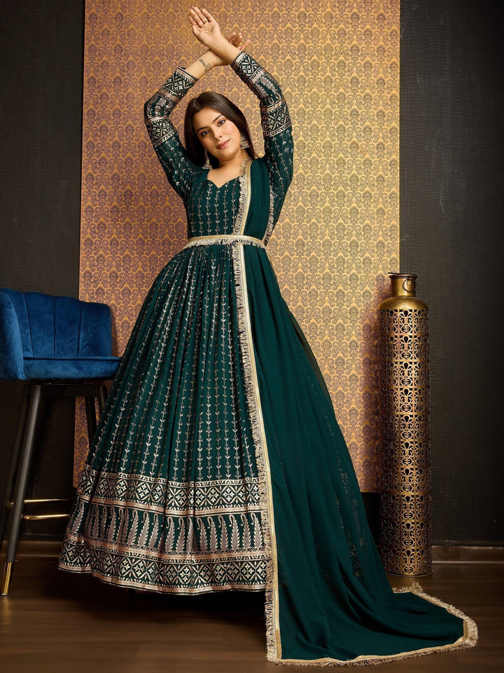 Dark Green Foil Work Georgette Party Wear Gown with Dupatta | Elegant Evening Gown
