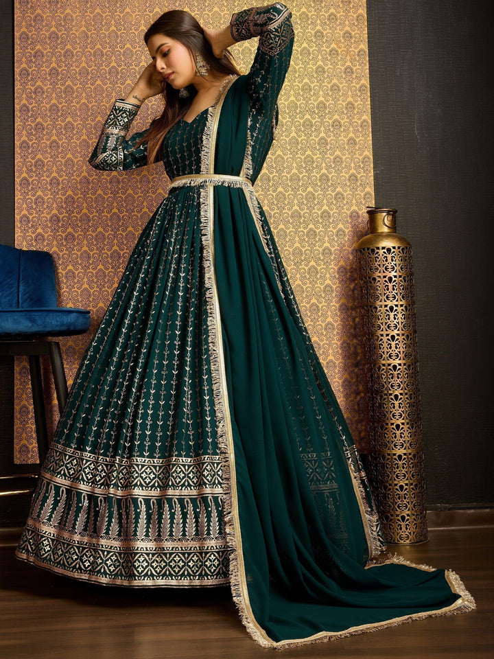 Dark Green Foil Work Georgette Party Wear Gown with Dupatta | Elegant Evening Gown