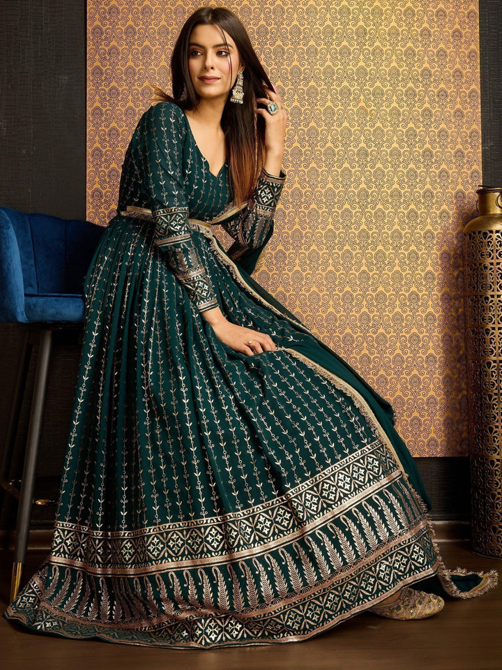 Dark Green Foil Work Georgette Party Wear Gown with Dupatta | Elegant Evening Gown