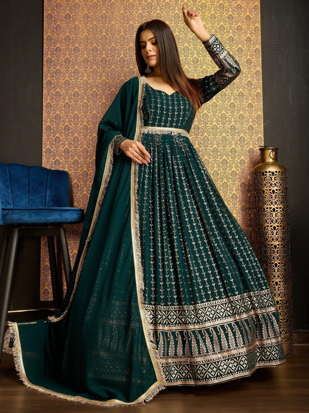 Dark Green Foil Work Georgette Party Wear Gown with Dupatta | Elegant Evening Gown