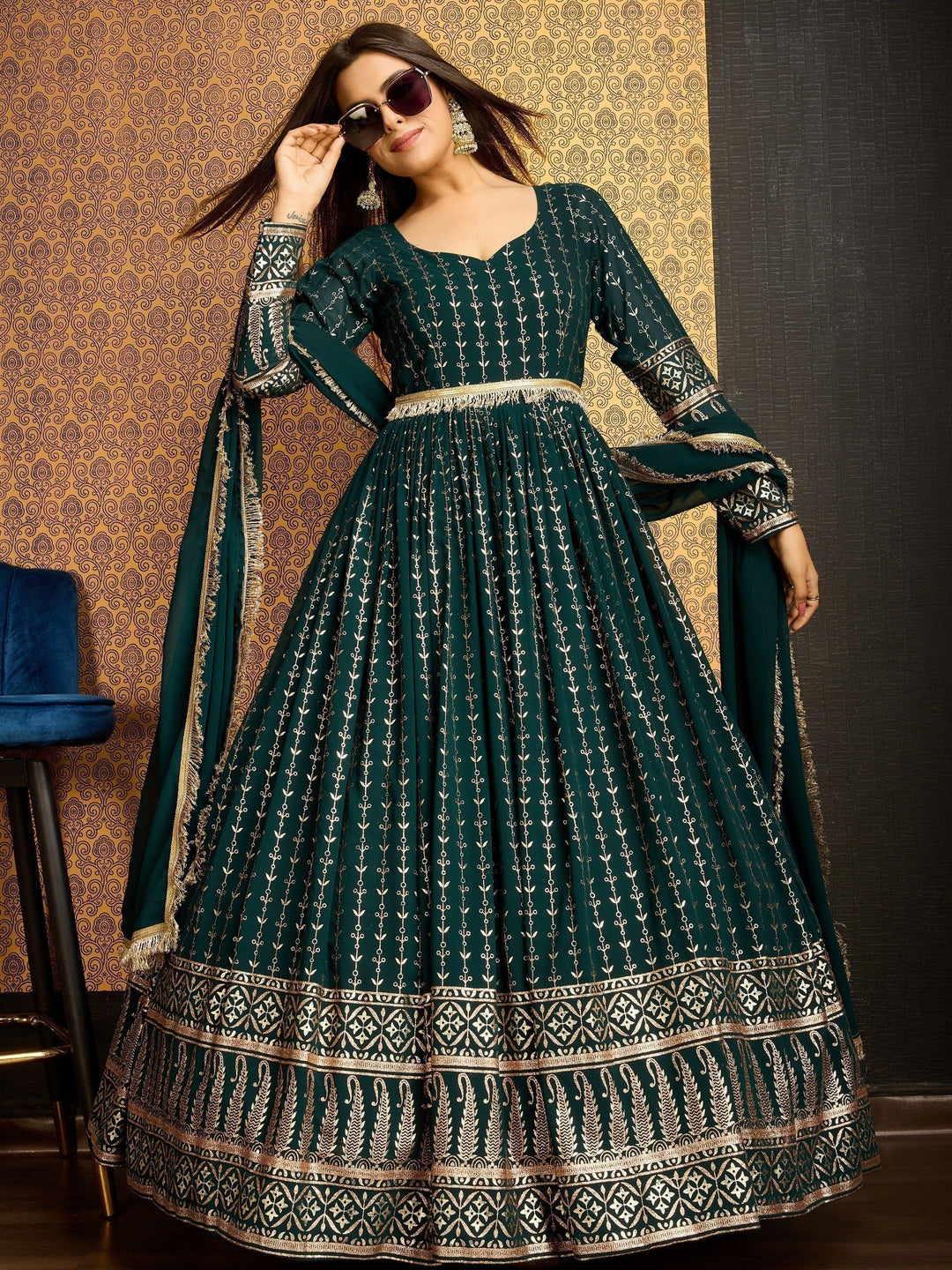 Dark Green Foil Work Georgette Party Wear Gown with Dupatta | Elegant Evening Gown