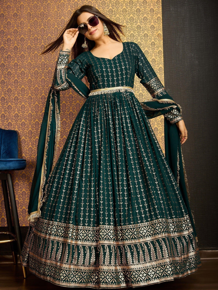 Dark Green Foil Work Georgette Party Wear Gown with Dupatta | Elegant Evening Gown
