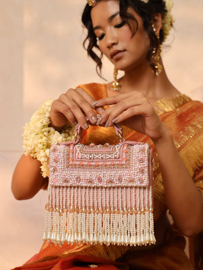 Kiara FlapOver Potli Bag with Handle | Elegant Handcrafted Statement Piece - Kiara_Pink