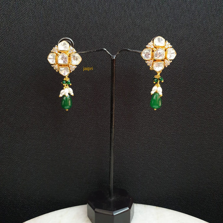Emerald Green Stone Moissanite | Kundan Polki Studs Earrings Collection