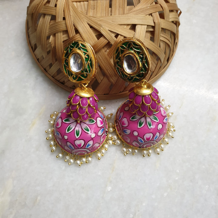 Pink Handpainted | Jhumki Layered Earrings Luxury Wear
