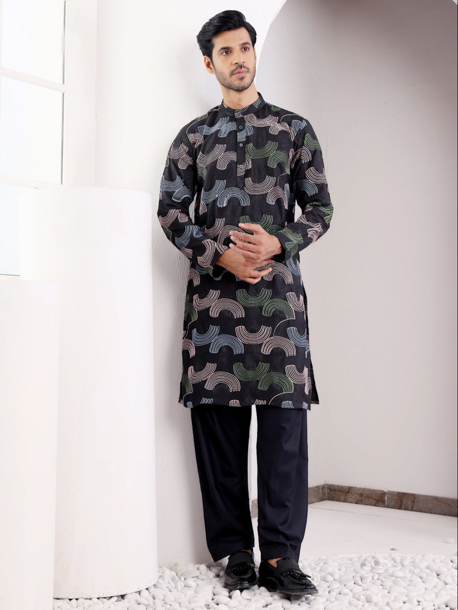 Men's linen kurta set with handwoven embroidery and art silk bottom.