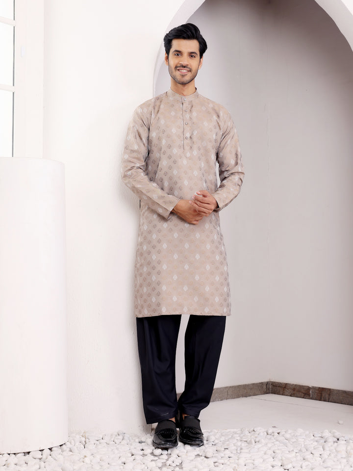 Elegant light brown viscose kurta set with intricate handwoven motifs for a refined look.
