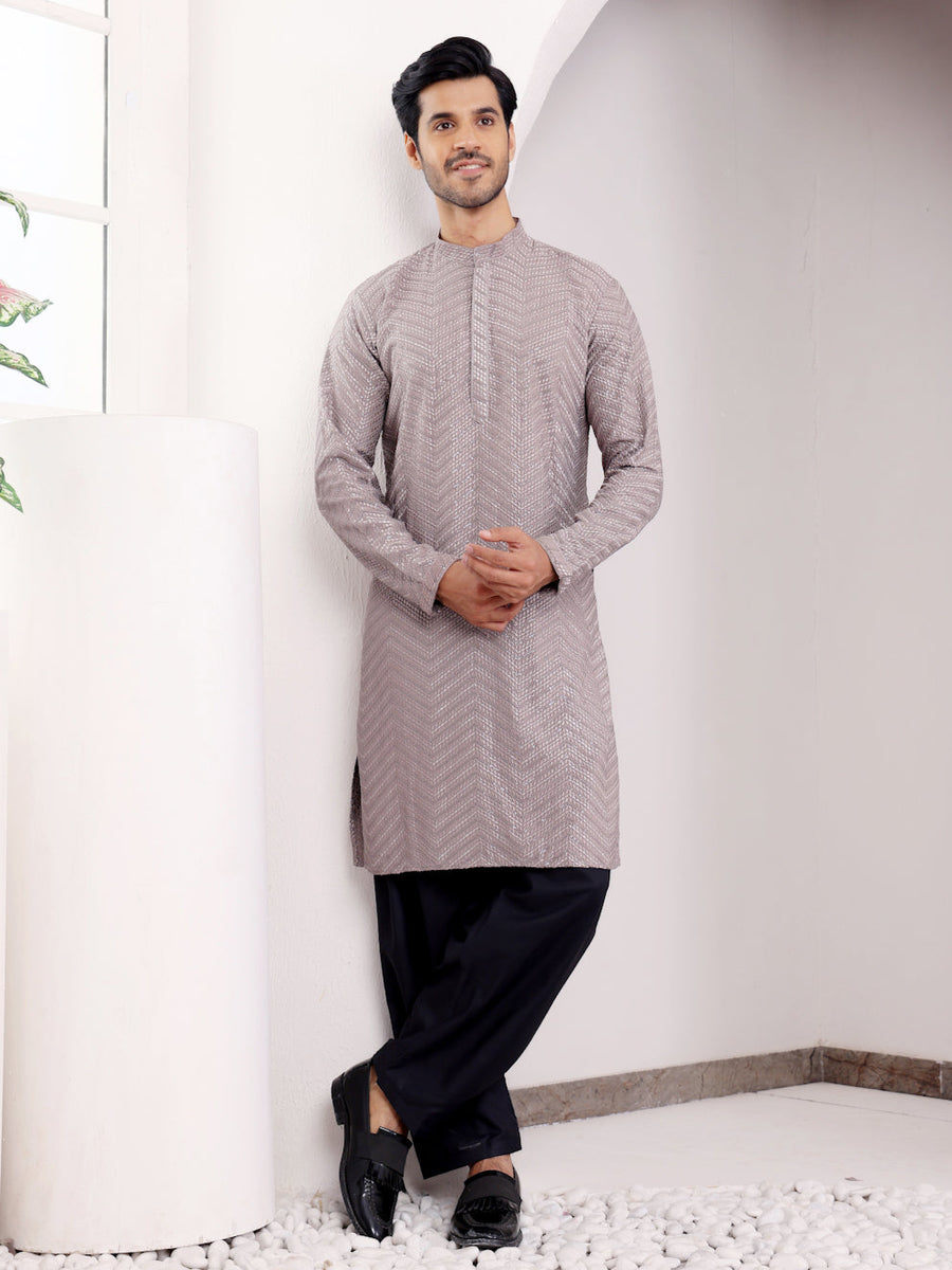 Dark grey kurta set for men with handwoven motifs and Chikankari embroidery, ideal for festive occasions.