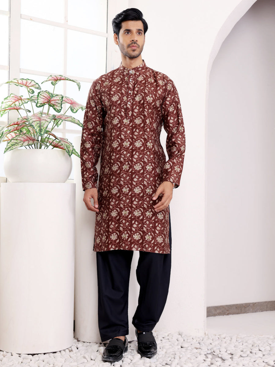 Brown modal silk kurta set with matching pajama for men
