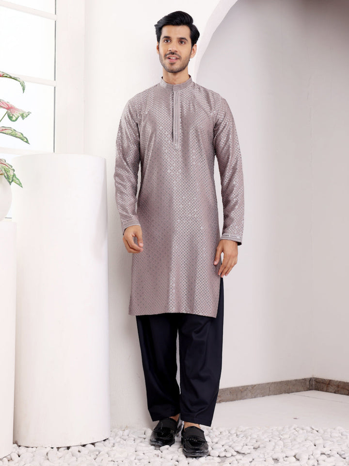 Dark grey traditional kurta set for men with intricate Chikankari embroidery and viscose top.