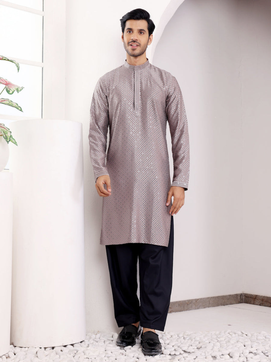 Dark grey traditional kurta set for men with intricate Chikankari embroidery and viscose top.
