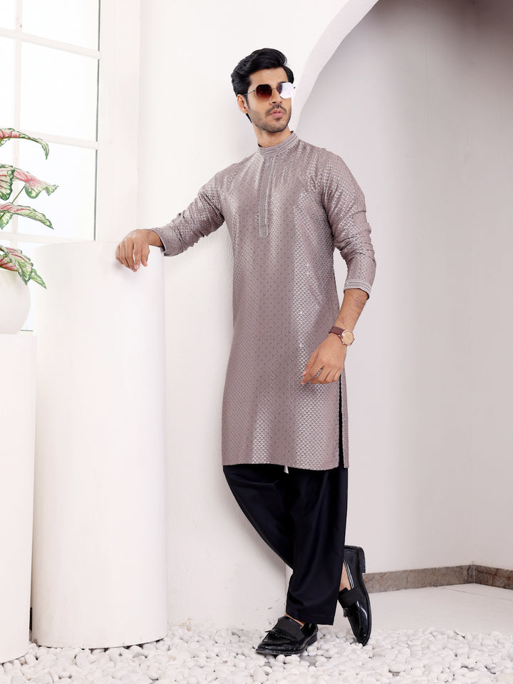 Dark grey Viscose top with Chikankari embroidery, paired with art silk bottoms for men.