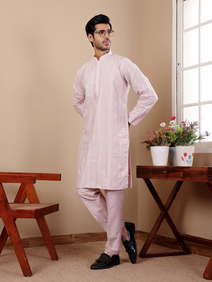 Light pink ethnic cotton kurta set for men tailored for comfort and sophistication.
