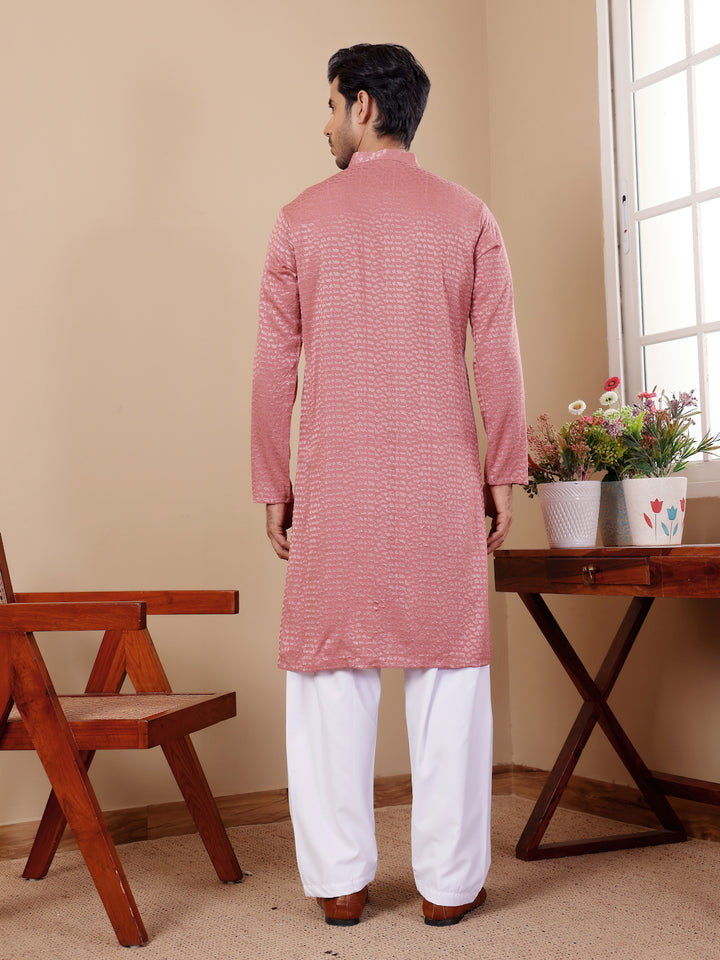 Onion Pink Kurta Pajama Set for Men with Chikankari and Embroidery
