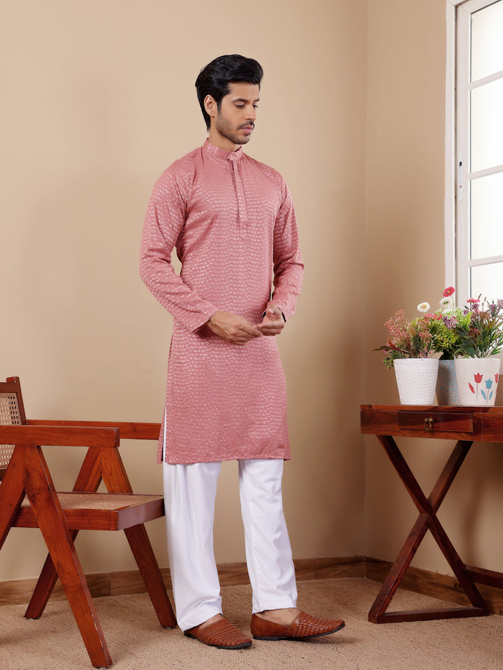 Traditional Kurta Pajama in Onion Pink with Chikankari for Men